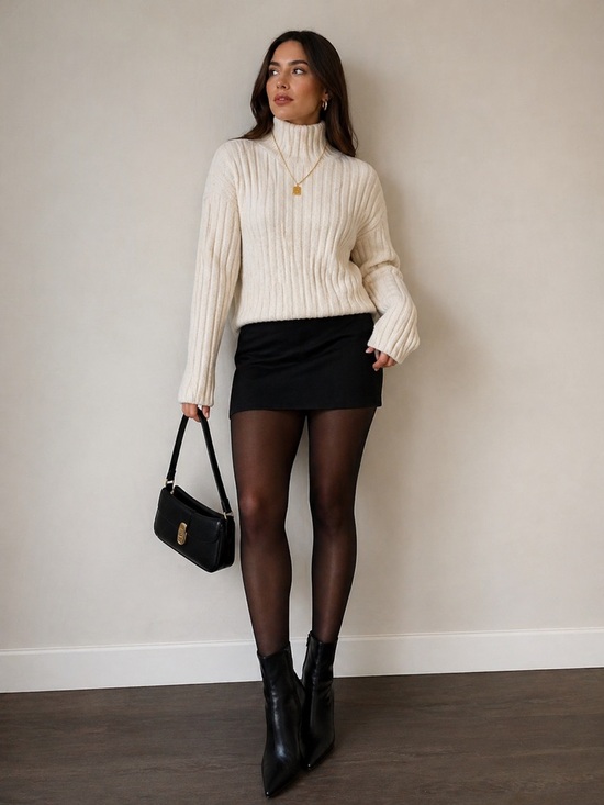 Open Edit Sweaters - Chic Cream Ribbed Turtleneck Sweater